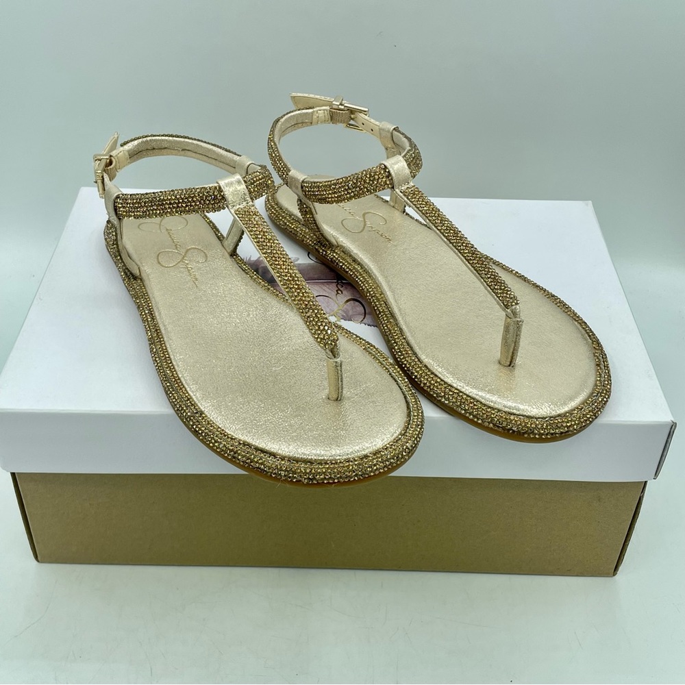 Jessica Simpson Women's 5.5 Oliara T-Strap Thong Sandals Champagne Gold Glitter